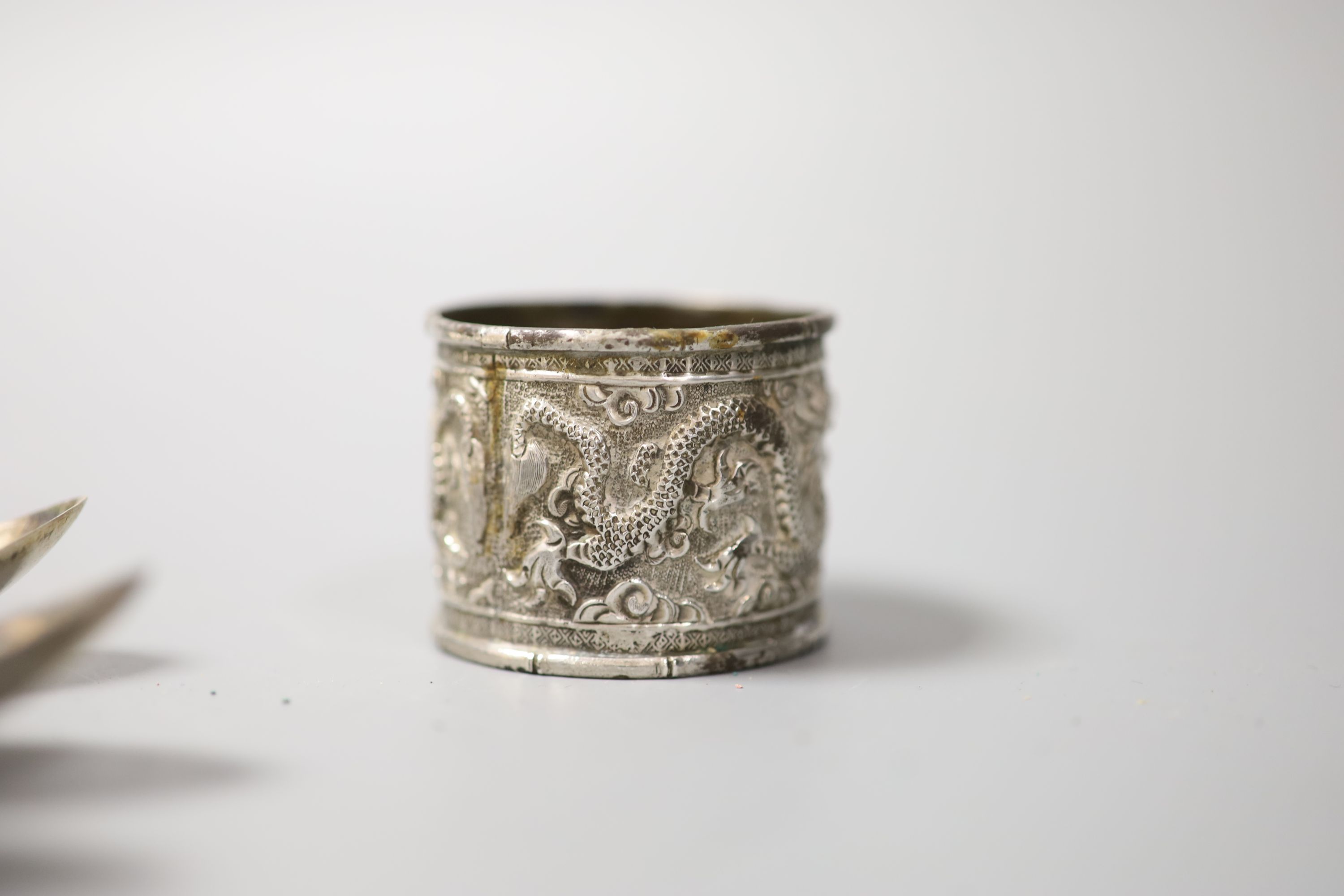 Small Chinese white metal items including inset coin dishes, teaspoons, posy vase and napkin ring.